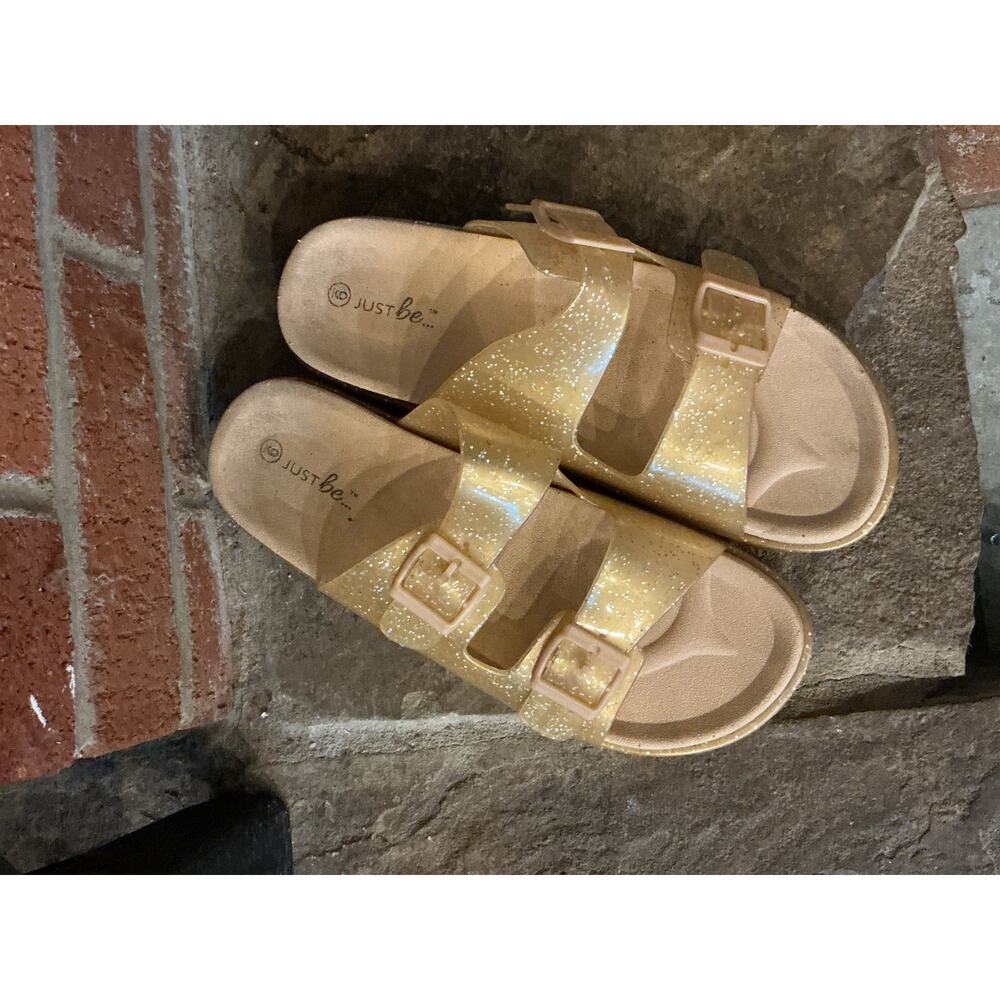 Glitter Double Strap Sandals, Gold Sparkle Buckle Slides, Just Be Women’s 9
